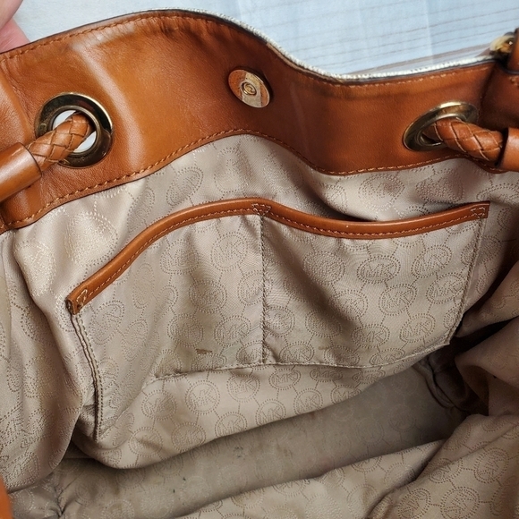 Michael Kors Jet Set Large Logo Leather Gathered Brown Vanilla Tote Purse 15" - Picture 13 of 15